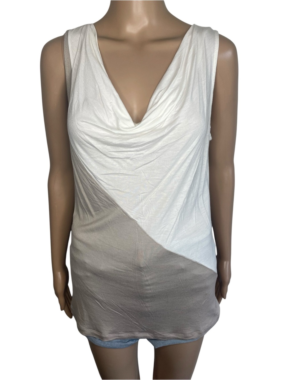 Banana Republic Two-Tone Drape Neck Tank Top in White and Taupe